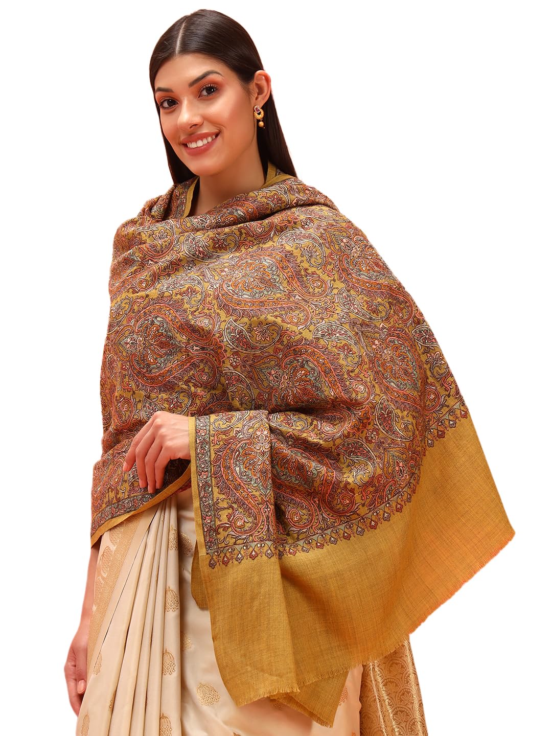 Pashmoda Women Kaarigari 100% Pure Wool Fabric Sozni Embroidered Shawl, Stole and Wrap, Heritage Pashmina Kashmiri Stole, Shawl, Wrap (Size: 40x80 Inches, MustardGreen Color) LIS39