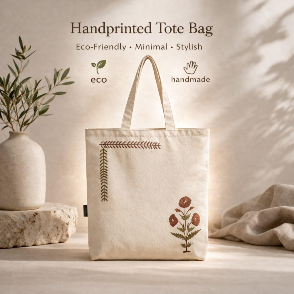 Neelkanth Imprint Hand Printed Floral Cotton Canvas Tote Bag, Eco Friendly Shoulder Handbag for Shopping, Office & Everyday Use
