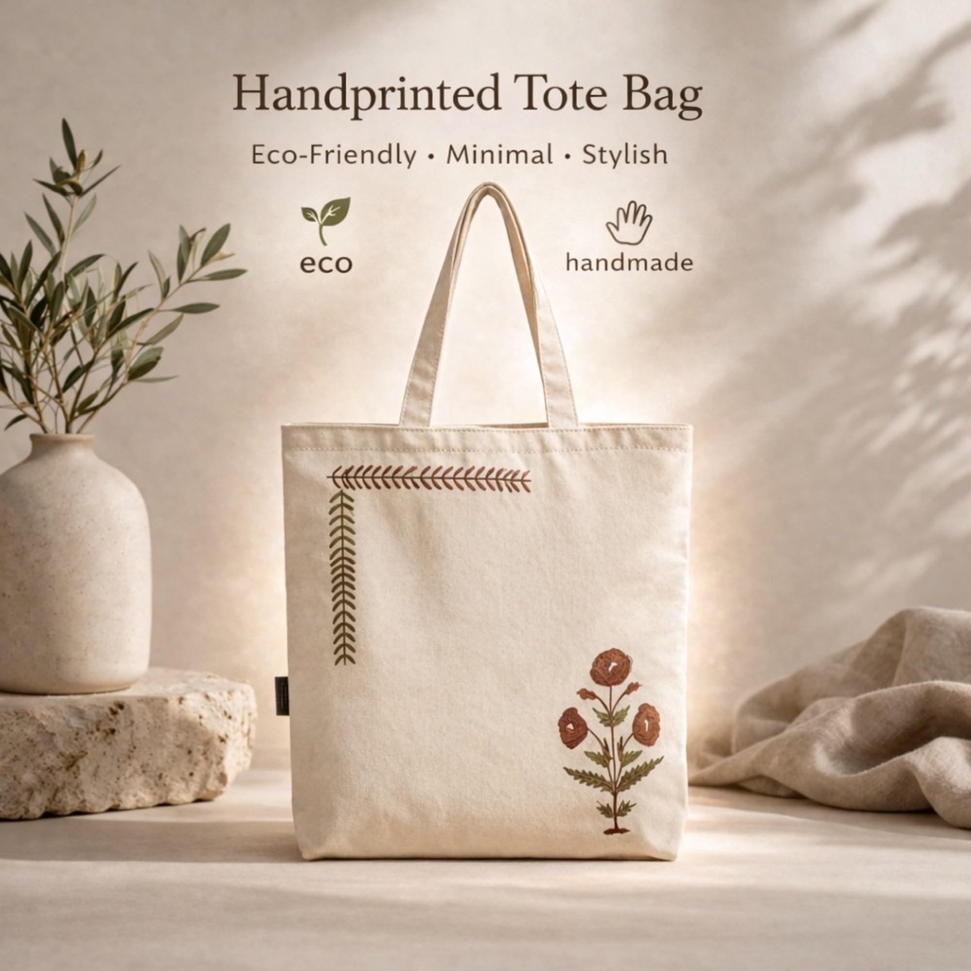 Neelkanth Imprint Hand Printed Floral Cotton Canvas Tote Bag, Eco Friendly Shoulder Handbag for Shopping, Office & Everyday Use