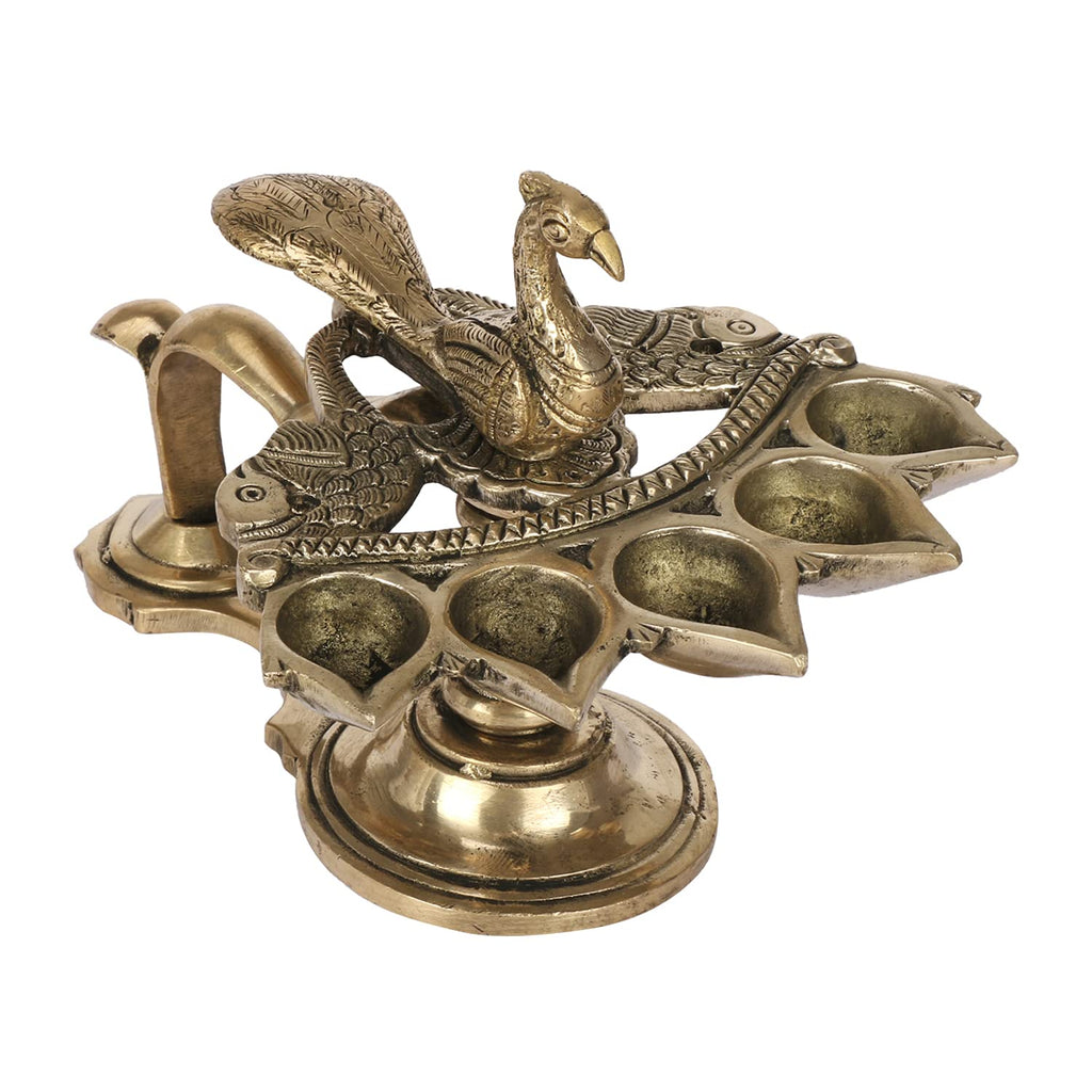 Artvarko Peacock Aarti Diya with Handle Brass Decorative Puja Accessory, Five Face Camphor Burner lamp Panch Aarti for Navratra, Diwali Gifts 7 Inch .