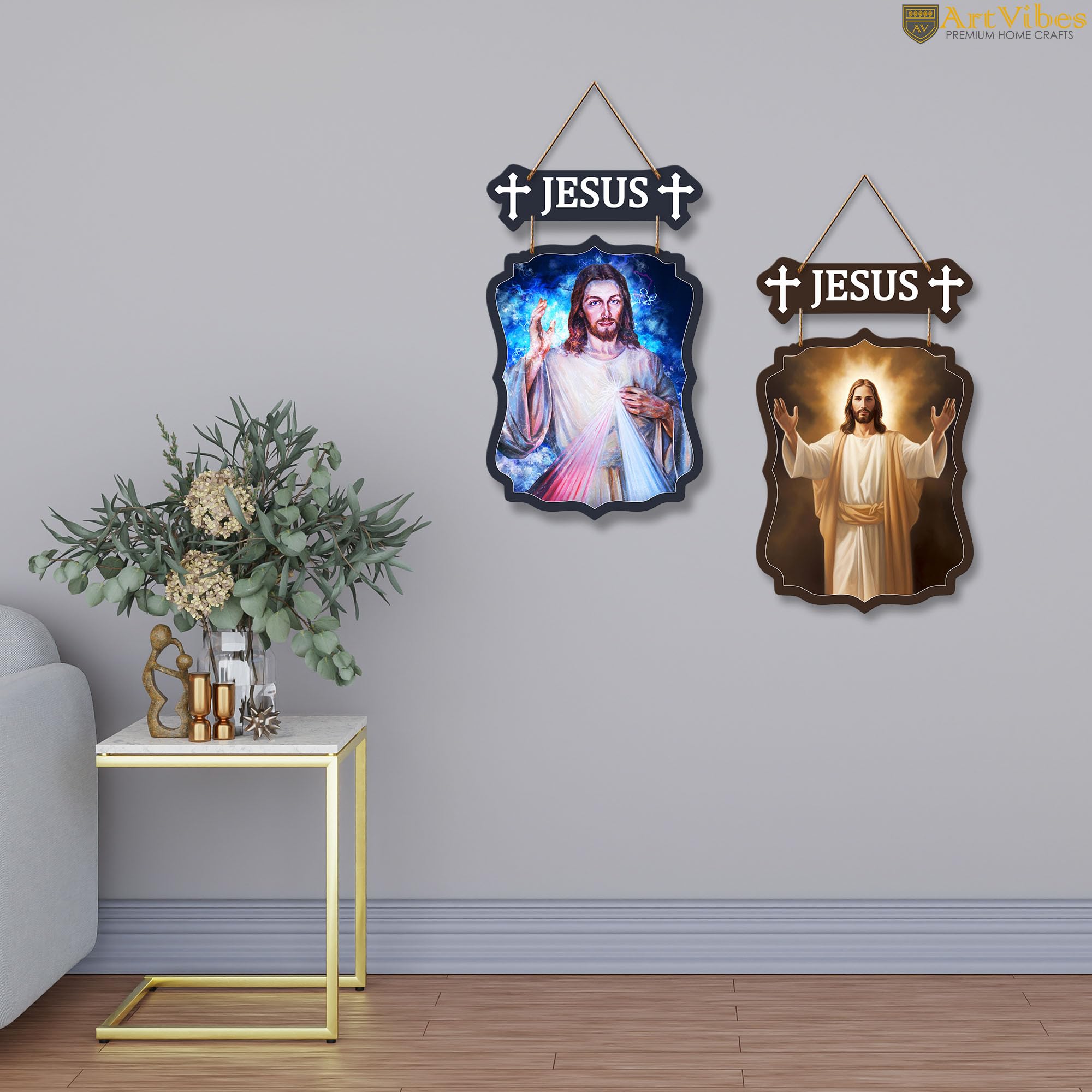 Artvibes Jesus Christ Designer Wooden Wall Hanging Decoration Items for Home Decor | Spiritual Decor Items | Religious Wall Art | Wall Poster | Modern Decor Items | Unique Gift (WH_9718N), Set of 2