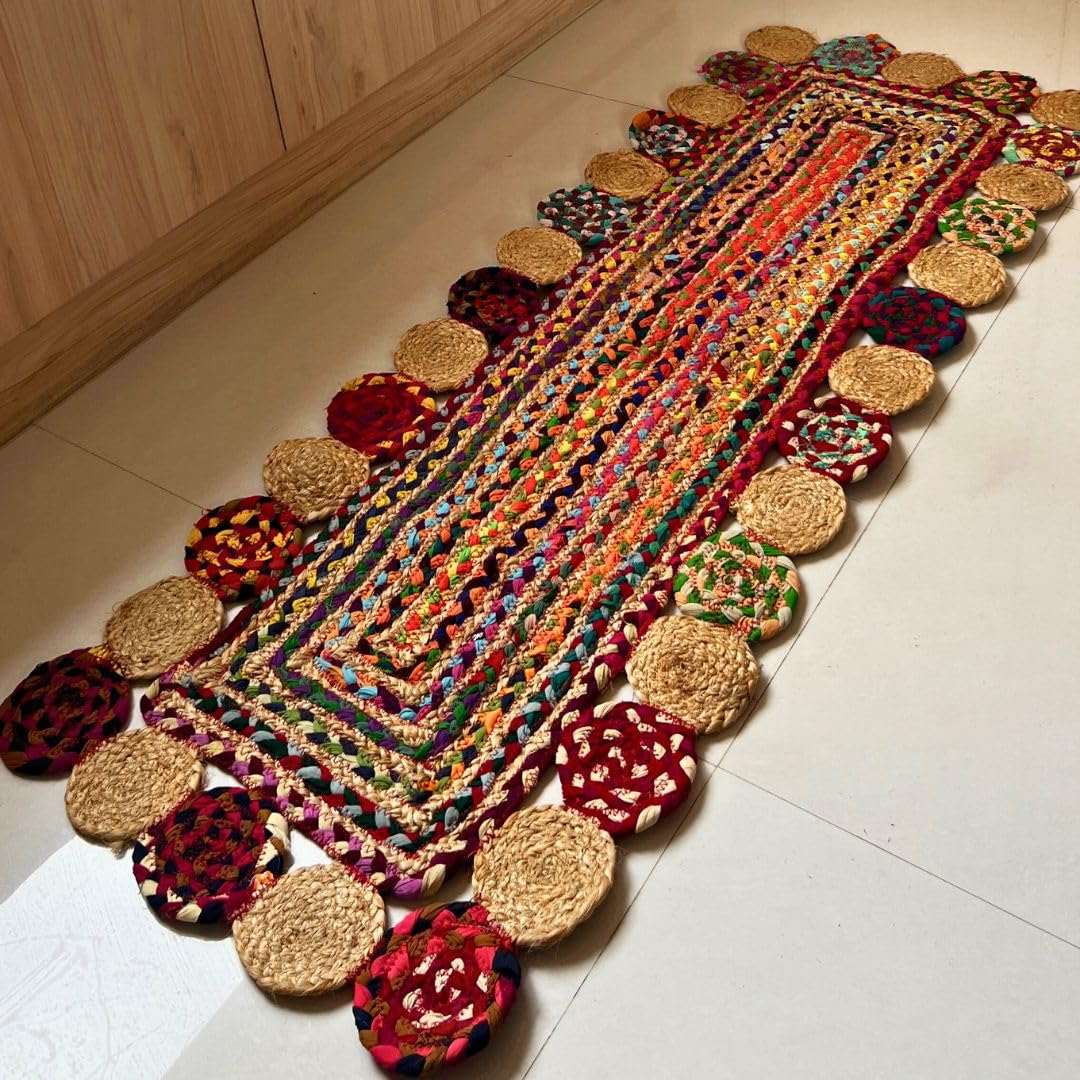 ATRANGI STUDIO Rectangle Jute Rug | Handwoven Braided Design Mat | Rectangular Floor Rug for Living Room, Bedroom, Reading Corner | Boho Home Decor | 20x55 inch, Multicolour