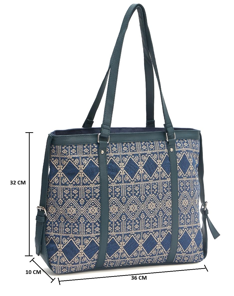 PRIMROSE Chevron Pattern Tote Bag for Women, Black and Beige (Navy Blue)