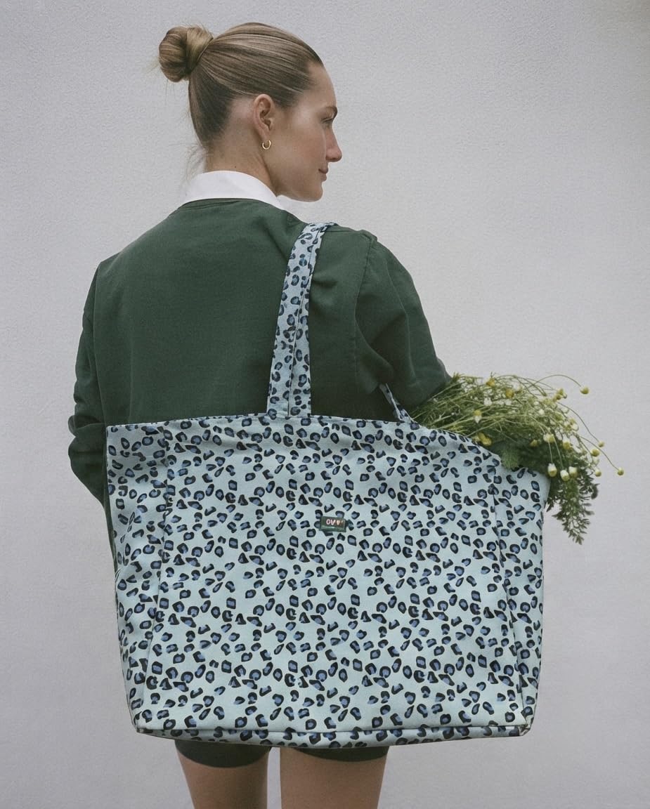 Leopard Print Oversized Carry All Tote Bag for Women | Recycled Heavy Cotton Canvas Carry All Shoulder Bag with Internal Zip Pocket | Machine Washable (Blue)