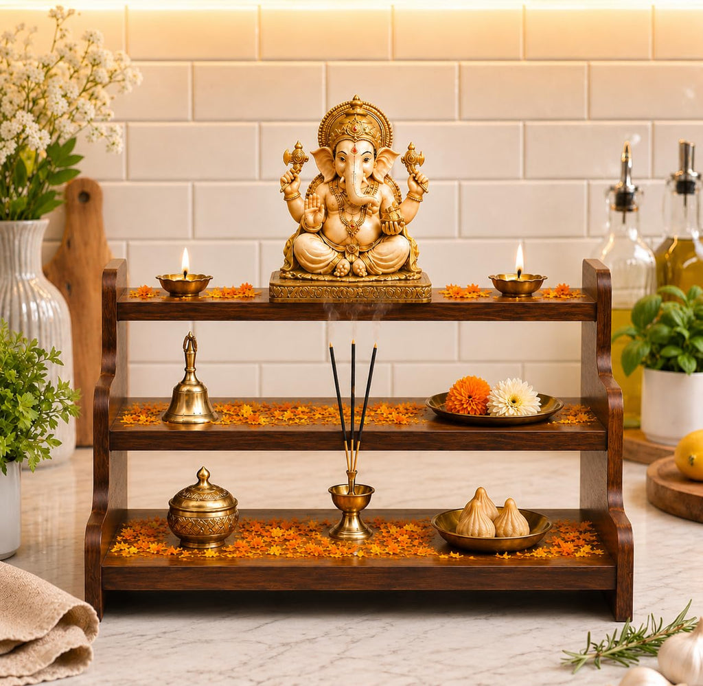 Wooden Mandir Shelf, Pooja Temple Wall Mount, Puja Decor, Idol Prayer Shelf