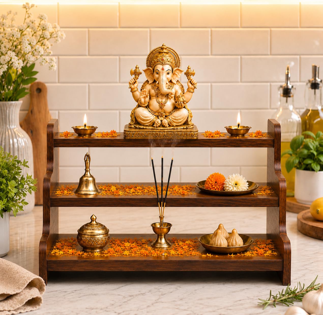 Wooden Mandir Shelf, Pooja Temple Wall Mount, Puja Decor, Idol Prayer Shelf