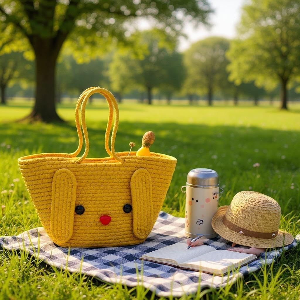 DYARCHY Handmade Cotton Rope Tote Bag | Eco-Friendly Multipurpose Handbag for Women | Casual Shoulder Bag for Shopping, Picnic, Travel & Everyday Use (YELLOW KITTY)