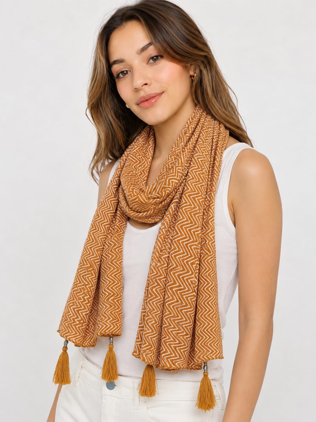 Women's Boho Scarf, Mustard Yellow, Chevron Zigzag Print with Tassel Ends