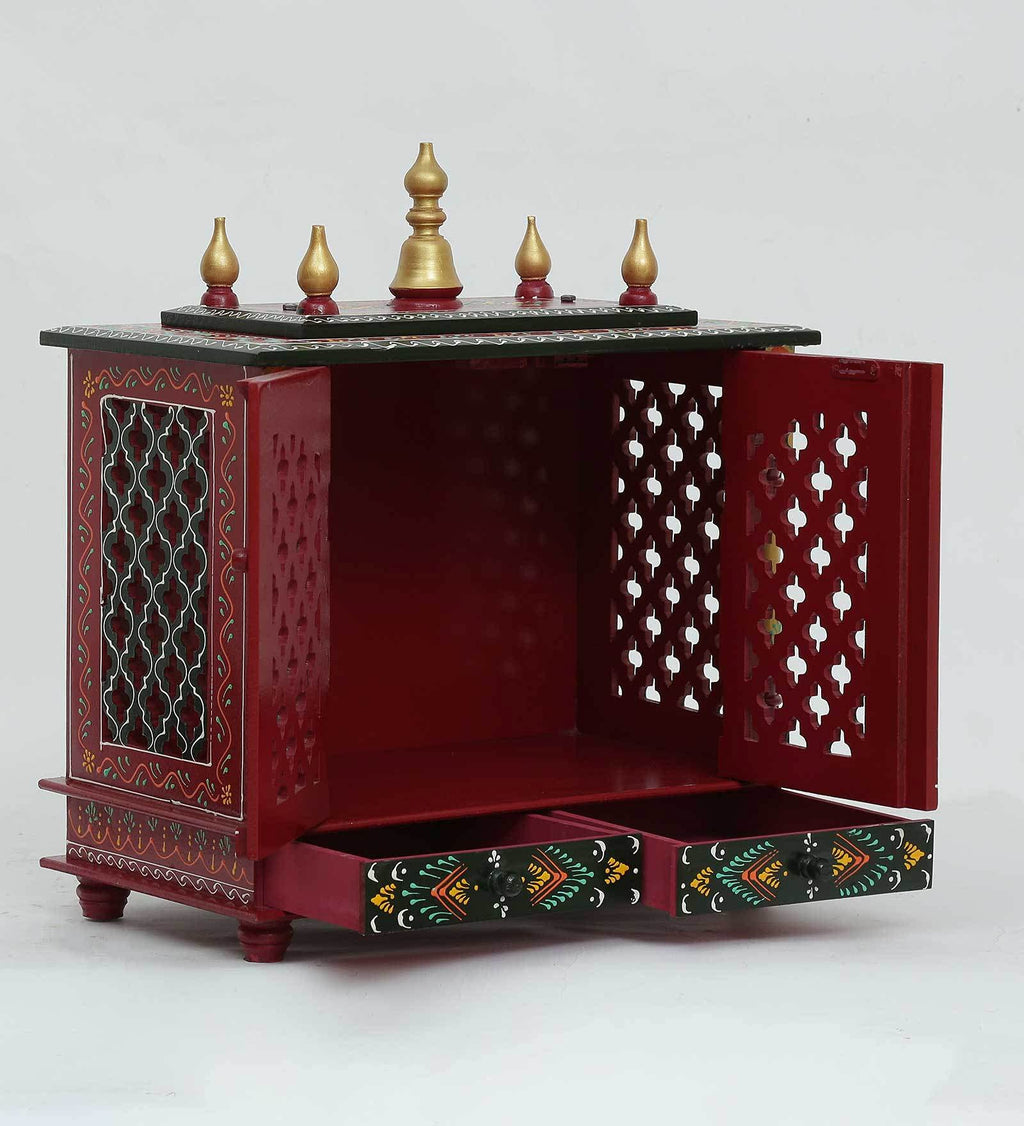 Jodhpur Handicrafts Wooden Temple Pooja Ghar Wood Handcrafted Hindu Mandir Pooja Ghar Mandapam Worship Wall Hanging Wall D?cor Art MDF Temple Size (LXBXH) (18X9X22) INCH (RED)