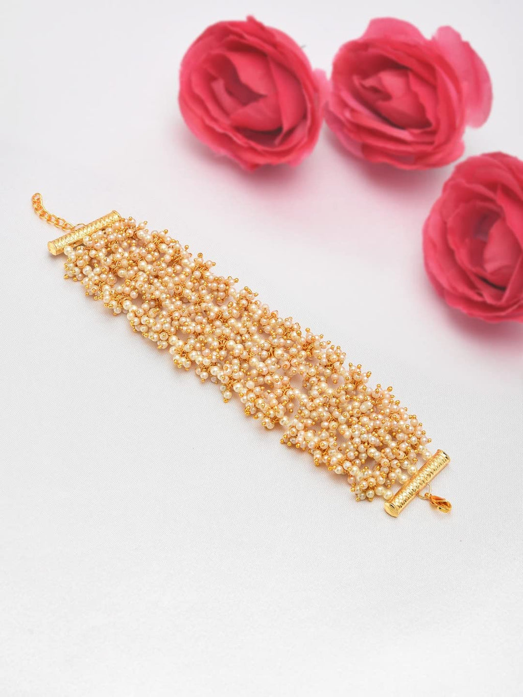 ZAVERI PEARLS Antique Gold Tone Multistrand Clustered Pearls Ethnic Bracelet For Women-ZPFK10113