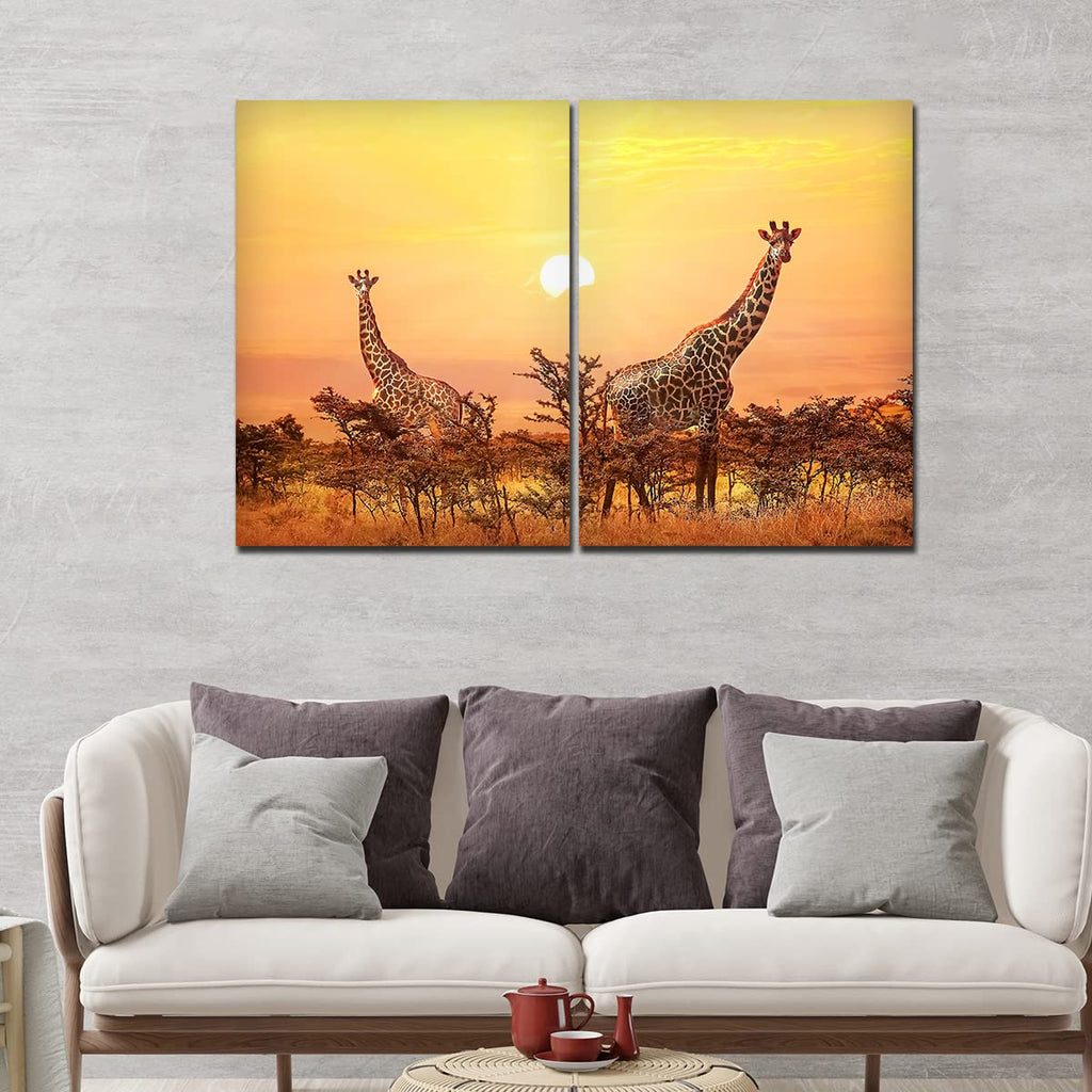 VIBECRAFTS 2 Pieces Giraffes In Sunset Canvas Wall Painting Fitted With Wooden Frame For Home | Office | Living Room | Gifts(PTVC2Pcs1_17501)