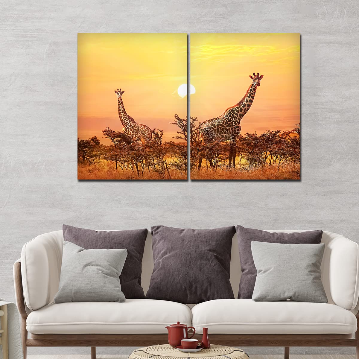 VIBECRAFTS 2 Pieces Giraffes In Sunset Canvas Wall Painting Fitted With Wooden Frame For Home | Office | Living Room | Gifts(PTVC2Pcs1_17501)
