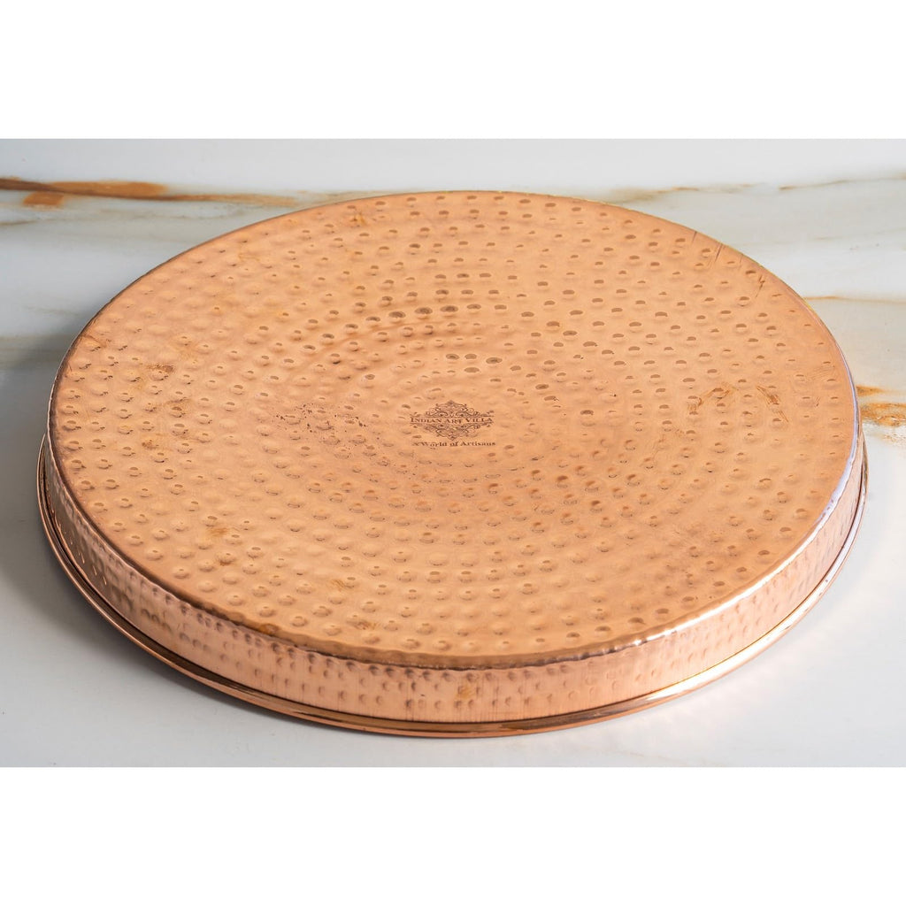 INDIAN ART VILLA Hammered Copper Thali Dinner Plate – 13 Inch Pure Dinnerware & Serveware for Home, Hotel & Restaurant Use, Traditional Indian Thali Plate