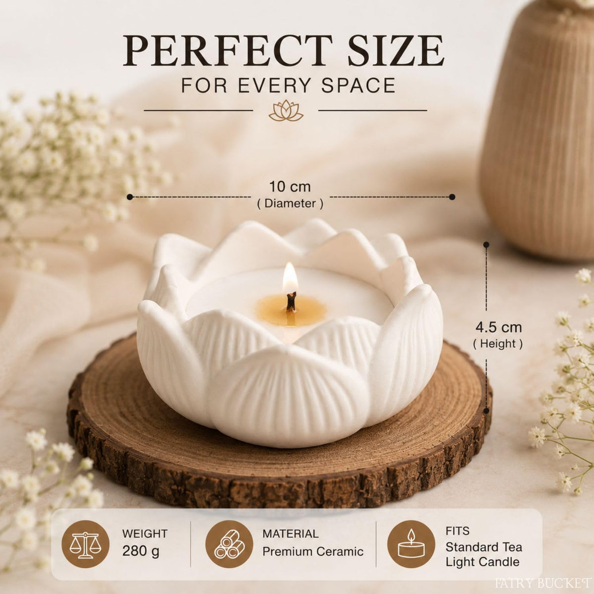 FairyBucket™ Lotus Scented Candle with Reusable Concrete Tea Light Holder | Vanilla Fragrance Soy Wax Candle | Handcrafted White Lotus Candles for Home Decor, Bedroom, Living Room & Gifting
