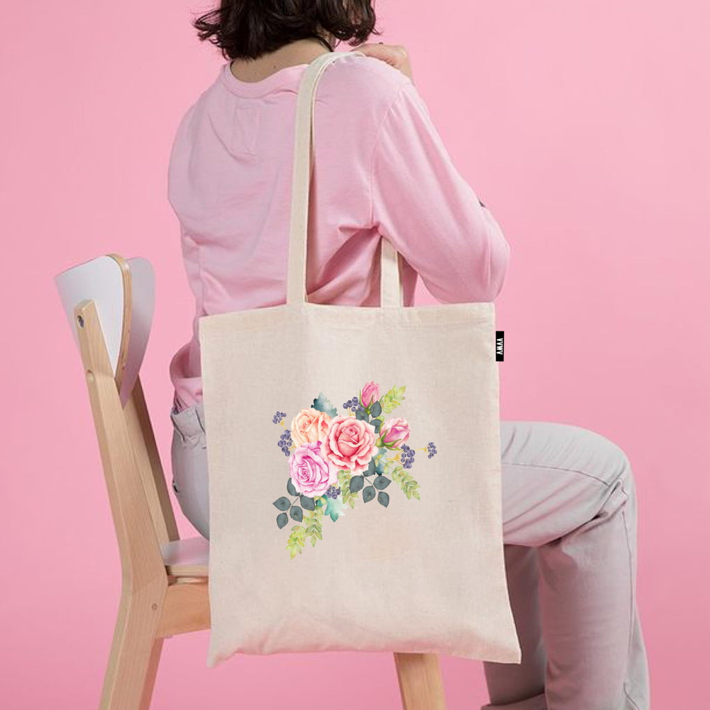 VVWV Beautiful Pink Rose Printed Reusable Tote Bags | 100% Organic Cotton Shopping/Grocery Bag | Multi-Purpose Bag | Sturdy Canvas Bag with 15kgs Capacity (13 x 15.7 Inch)