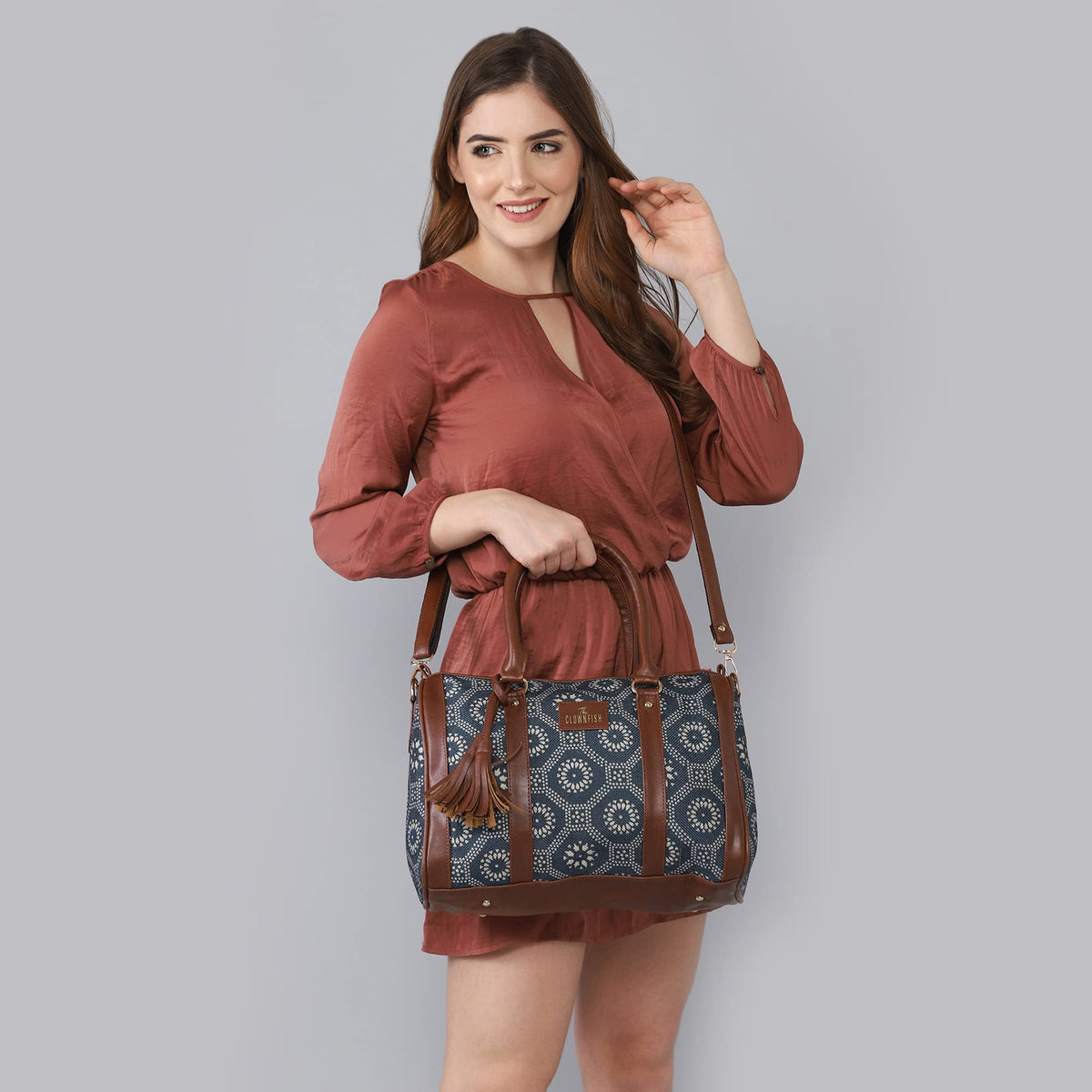 THE CLOWNFISH Lorna Printed Handicraft Fabric Handbag for Women Office Bag Ladies Shoulder Bag Tote for Women College Girls (Lead Grey)