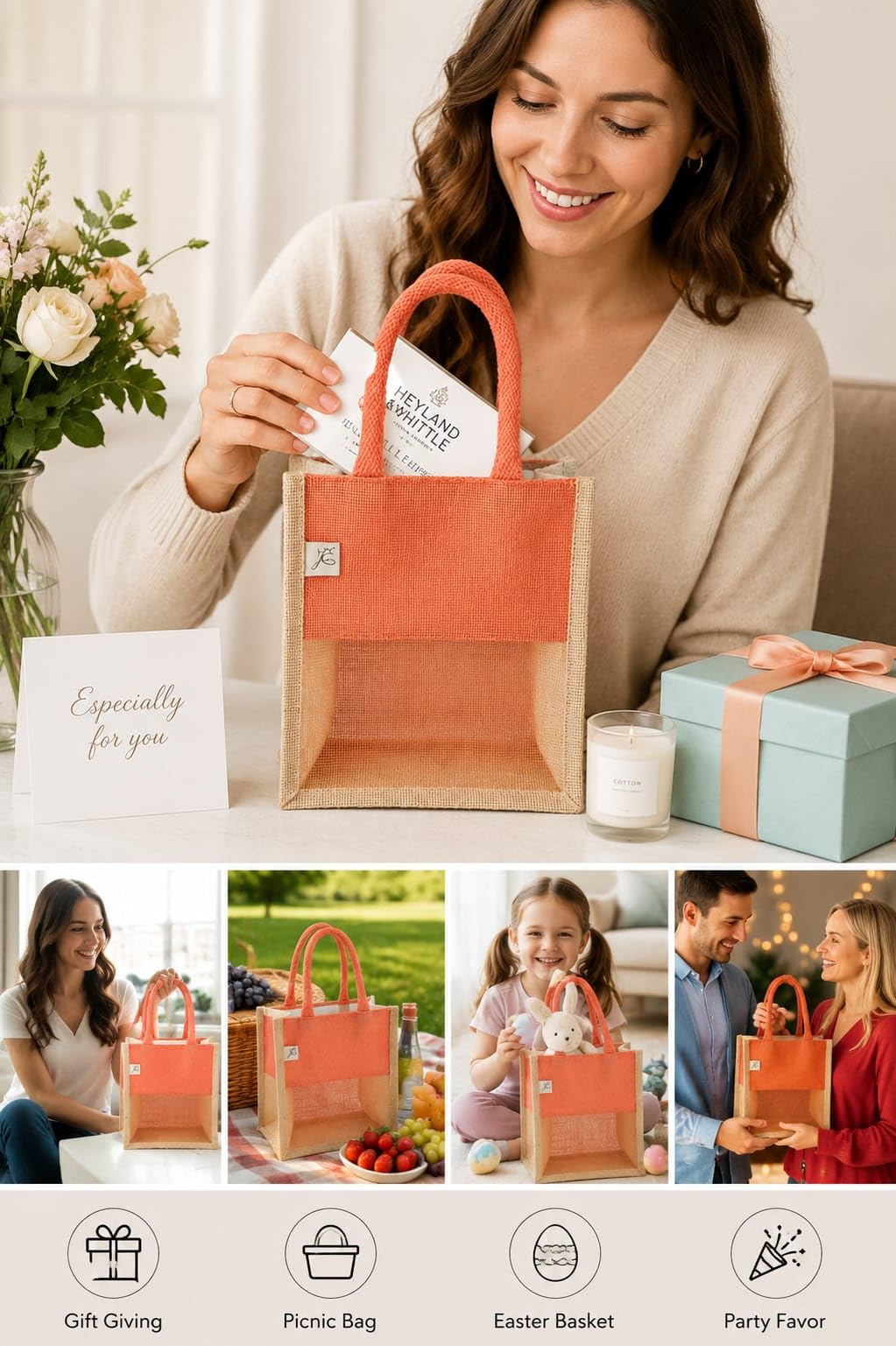 Small Jute Tote Bag with Mesh Window Panel, Natural Beige, Rope Handles, Gift Bag (Red) (Size -10 * 8 * 5)