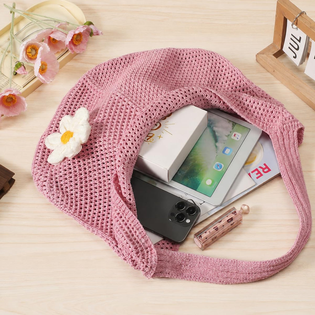PALAY® Crochet Bags for Women Stylish Pink Mesh Straw Tote Bag with Flower Brooch Summer Vacation Knitted Beach Handbag for Woman