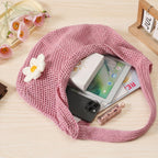 PALAY® Crochet Bags for Women Stylish Pink Mesh Straw Tote Bag with Flower Brooch Summer Vacation Knitted Beach Handbag for Woman