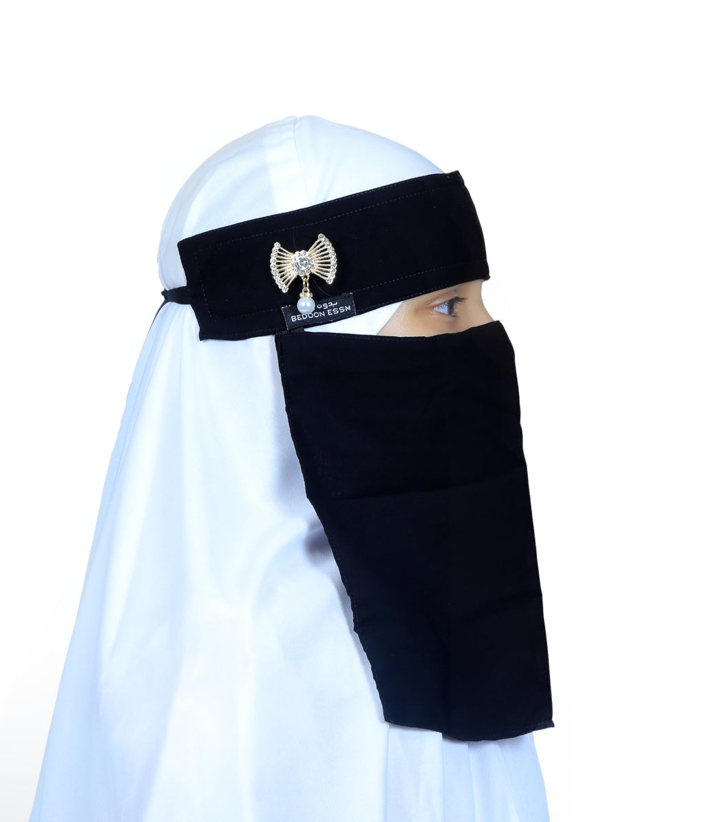 AL RIDHA Women's Babussalam Fabric Fashion Nosepiece One‑Layer Half Hijab Pendant Design Saudi Niqab for Muslim Women and Girls, Black (Wing Pearl Pendant)