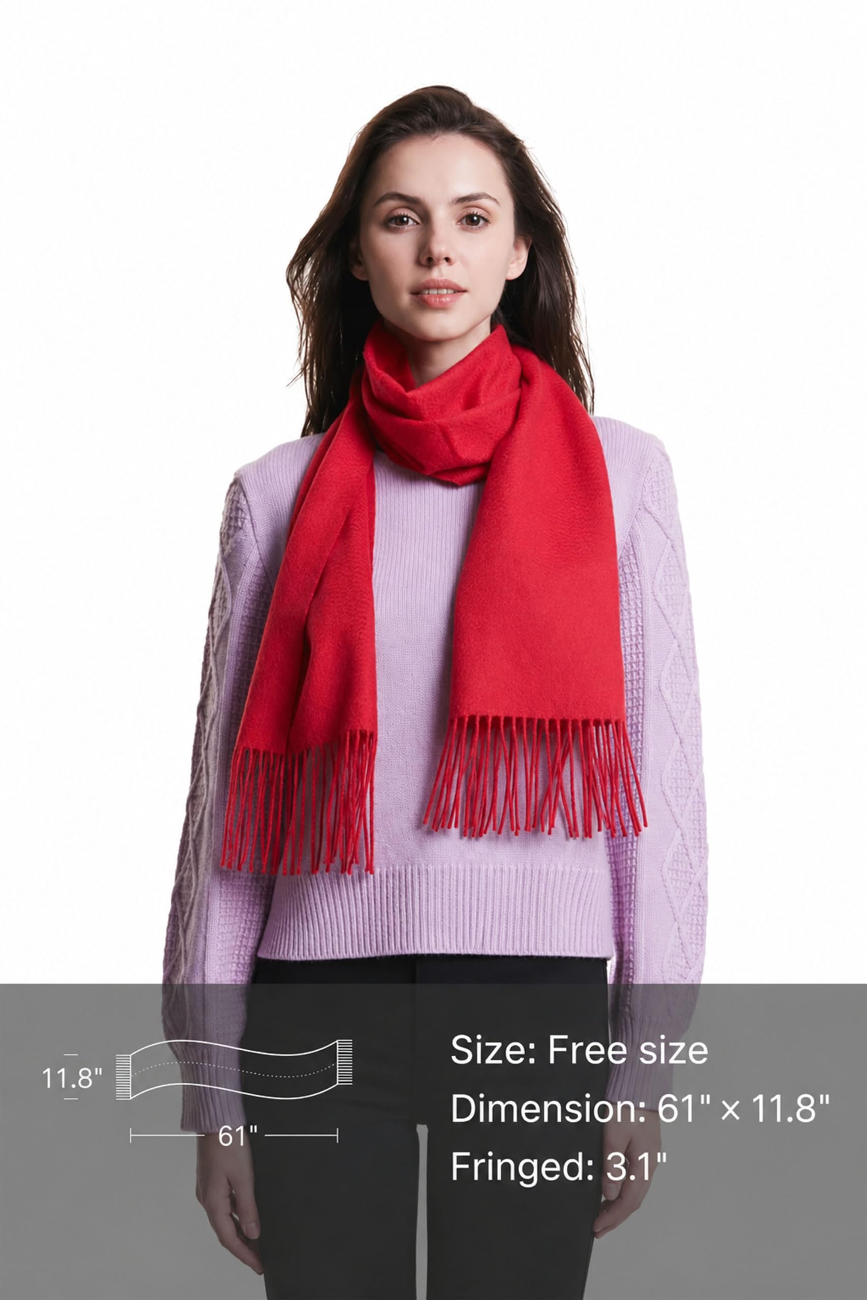 EURKEA 100% Cashmere Fringed Scarf in Solid Colors with Gift Box for Women, Red, Free Size