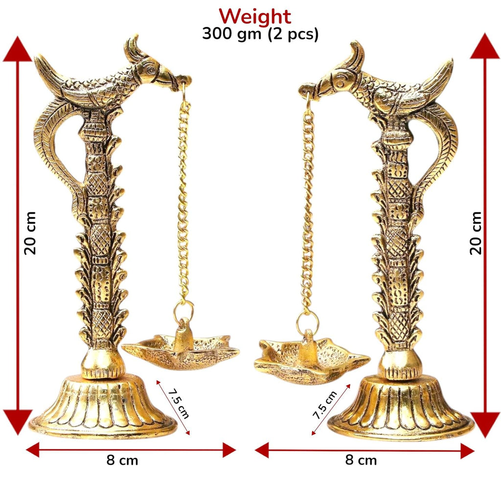 Kridaykraft Parrot Design Metal Hanging with Chain Diya Pair of Parrot Design Bird Diya Deepak Oil Lamp Metal Gold Finish