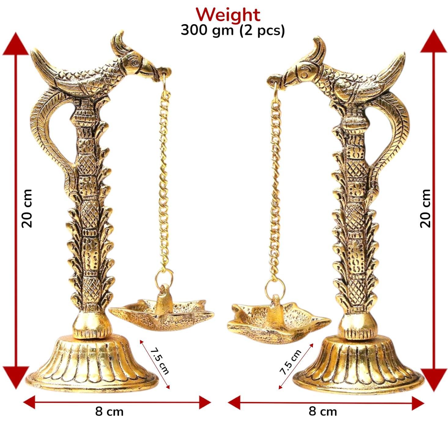 Kridaykraft Parrot Design Metal Hanging with Chain Diya Pair of Parrot Design Bird Diya Deepak Oil Lamp Metal Gold Finish