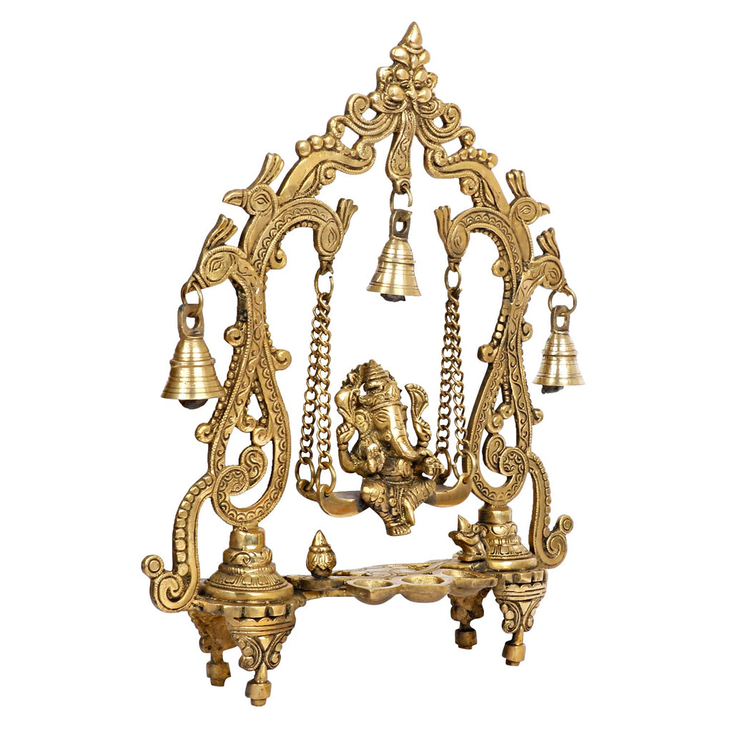 SVARUP Brass Ganesha On Jhoola Swing with Hanging Bells and Diya Showpiece Ganesh Ganpati Jhula for Home Office Temple Puja Décor Gift Height 14 Inch