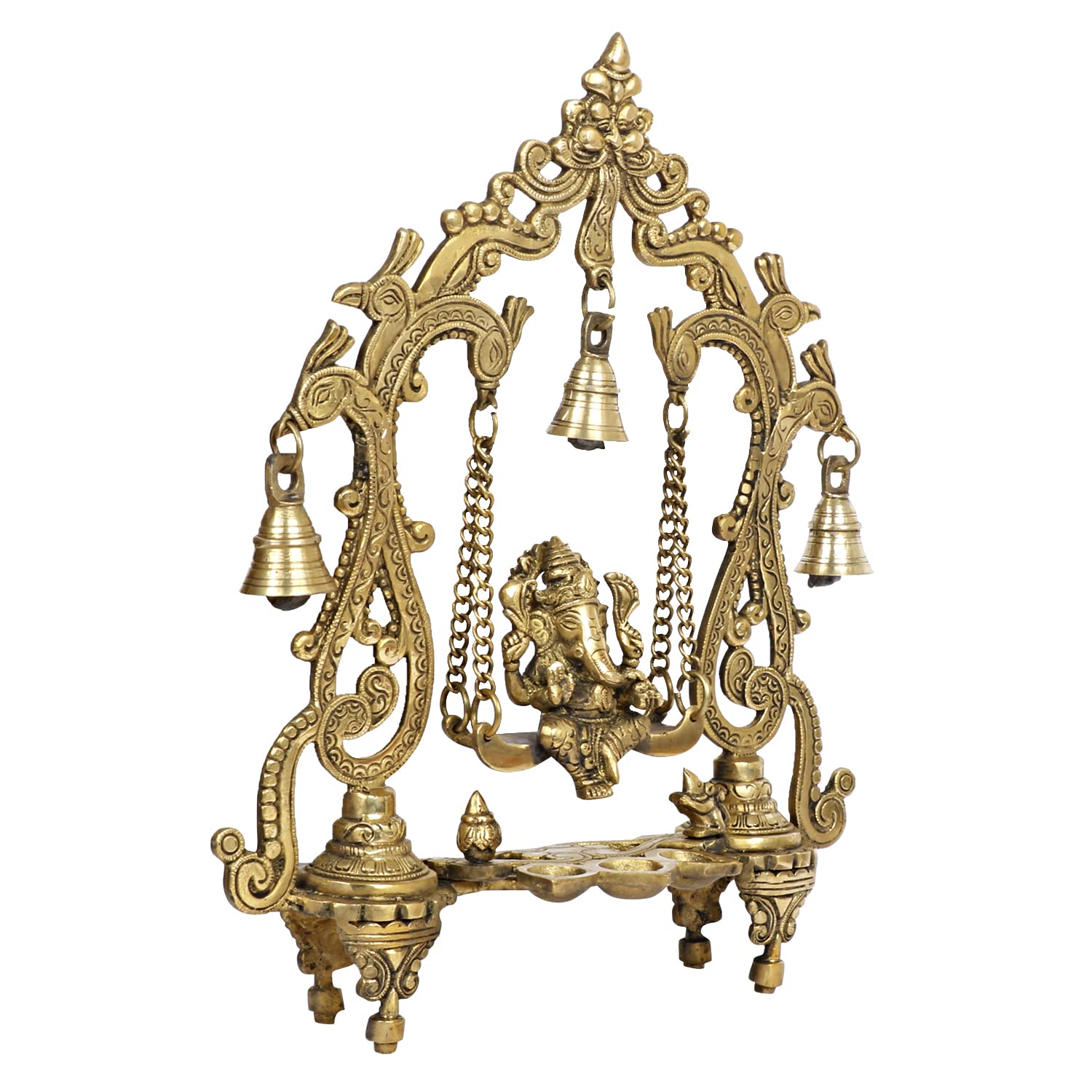 SVARUP Brass Ganesha On Jhoola Swing with Hanging Bells and Diya Showpiece Ganesh Ganpati Jhula for Home Office Temple Puja Décor Gift Height 14 Inch