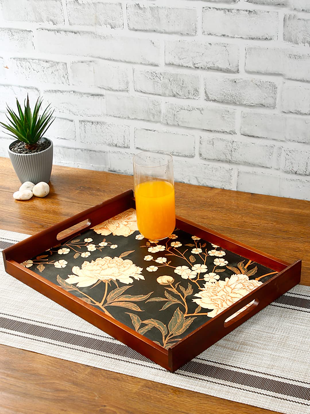 Reinvention Factory Wooden Large Serving Tray Teak Wood 12x16 inch with Handles | Black Floral Multipurpose Tray for Tea Coffee Breakfast | Decorative Tray for Kitchen Dining Home Office