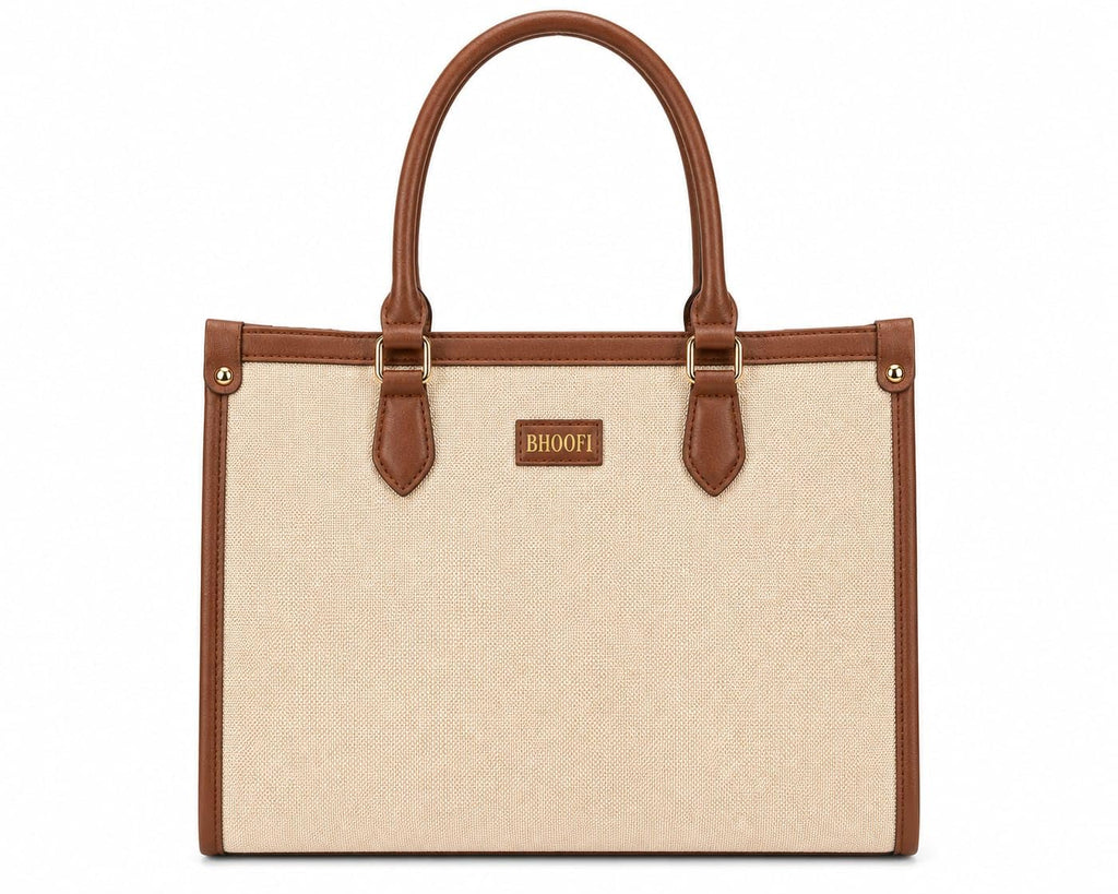 bhoofi Handbag for Women | Office Tote Bag with Laptop Compartment | Large Capacity Jute & Vegan Leather Shoulder Bag | Stylish Work Bag for Office, College & Travel | Fits up to 15.6 Inch Laptop