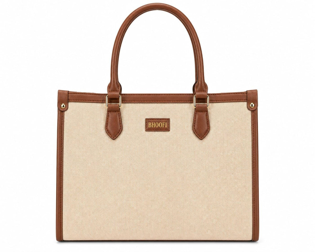 bhoofi Handbag for Women | Office Tote Bag with Laptop Compartment | Large Capacity Jute & Vegan Leather Shoulder Bag | Stylish Work Bag for Office, College & Travel | Fits up to 15.6 Inch Laptop