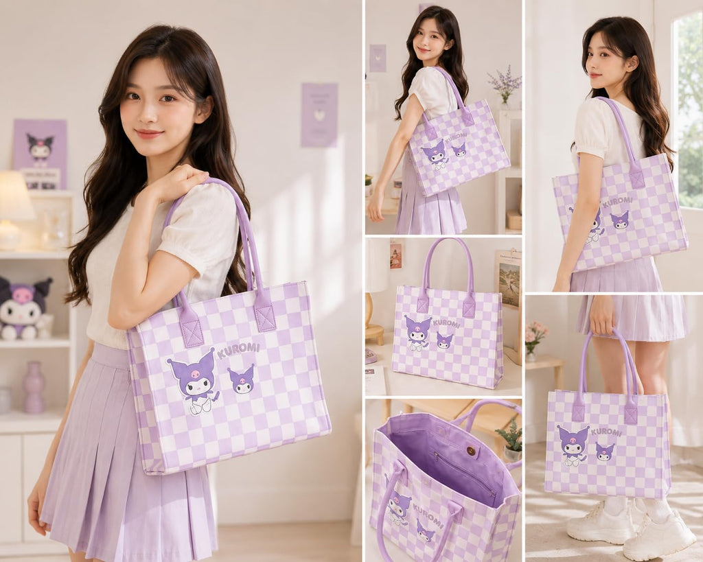 THE CUTE CRAZE New Cartoon Felt Tote Bag – Large Capacity Lightweight Shoulder Bag for Shopping, College & Daily Use (PURPLE)
