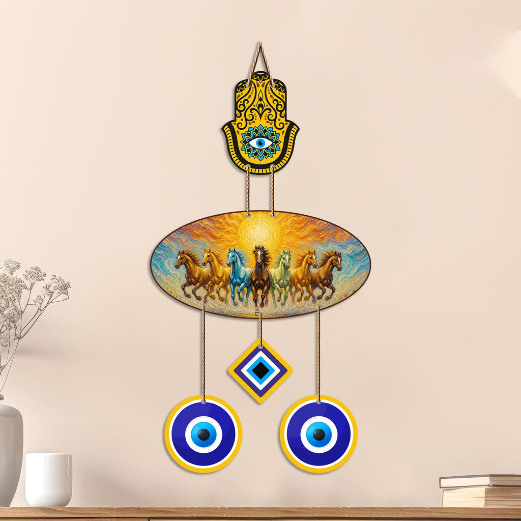 Artvibes Premium Seven Running Horses Evil Eye Wall Decor for Home Entrance | Lucky Vastu Wall Hanging for Success Prosperity Wealth and Positive Energy | Living Room | Office | Gift Item (WH_85133N)