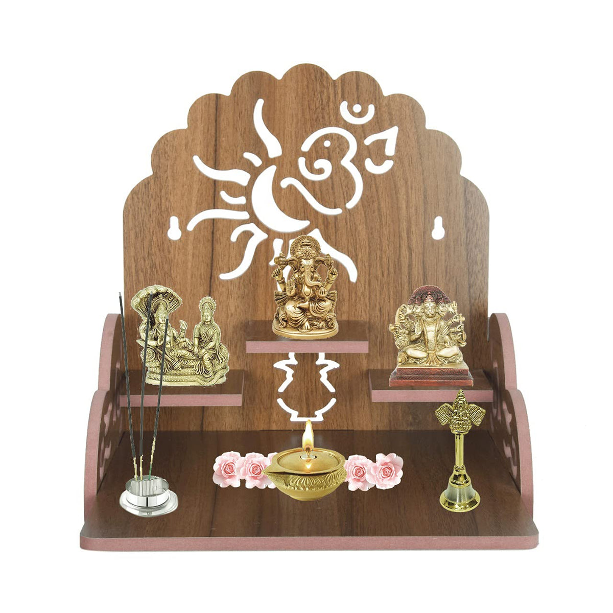 Om Shree Fully Handmade Beautiful Wooden Home and Office Temple/Pooja Mandir(28 x 28 x 26 cm) (Brown 1)