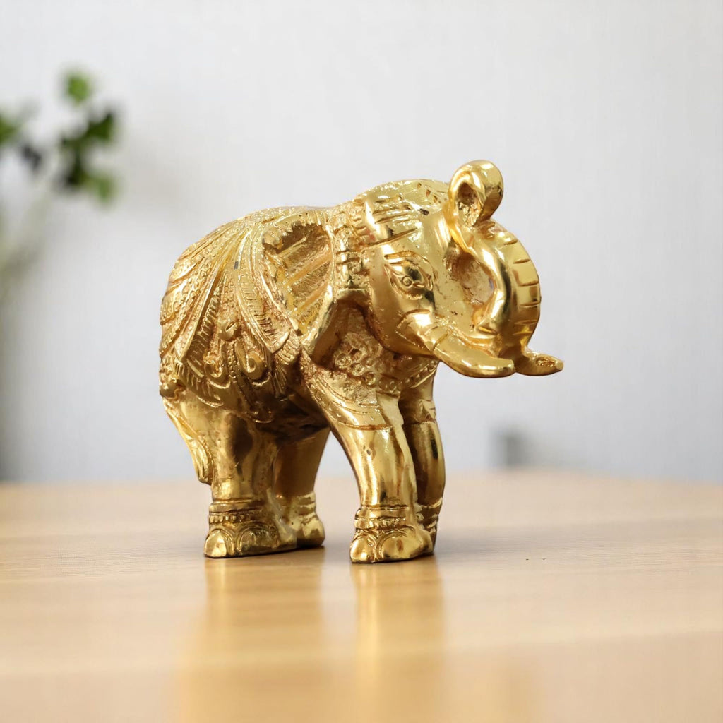 KridayKraft Decorative Golden Elephant Statue Trunk up Metal Figurine, 12 cm x 9.5 cm x 6 cm, 400 gm, Traditional Design