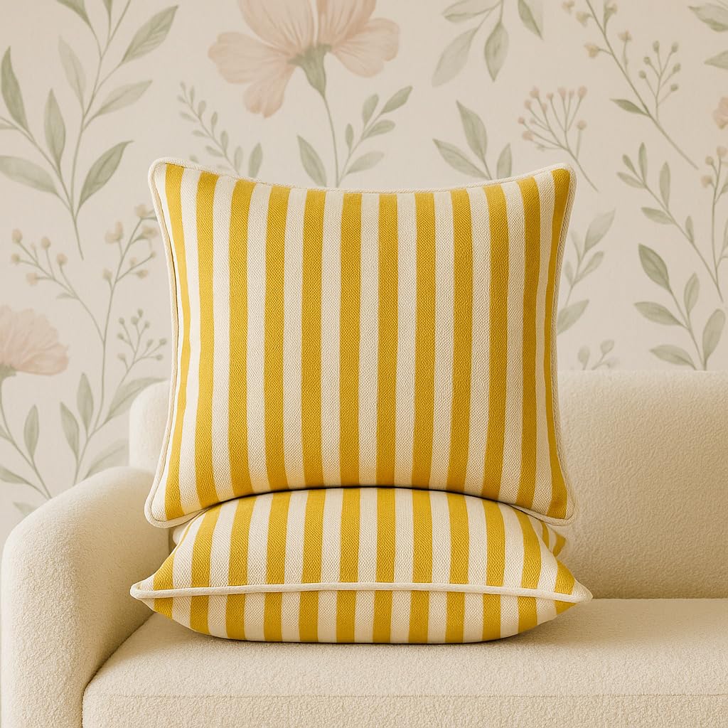 Award Velvet's - 100% Cotton - Yellow & White Stripes Cushion Covers Set of 2 (16 x 16 inches) - Cushion Covers for Sofa & Living Room Décor