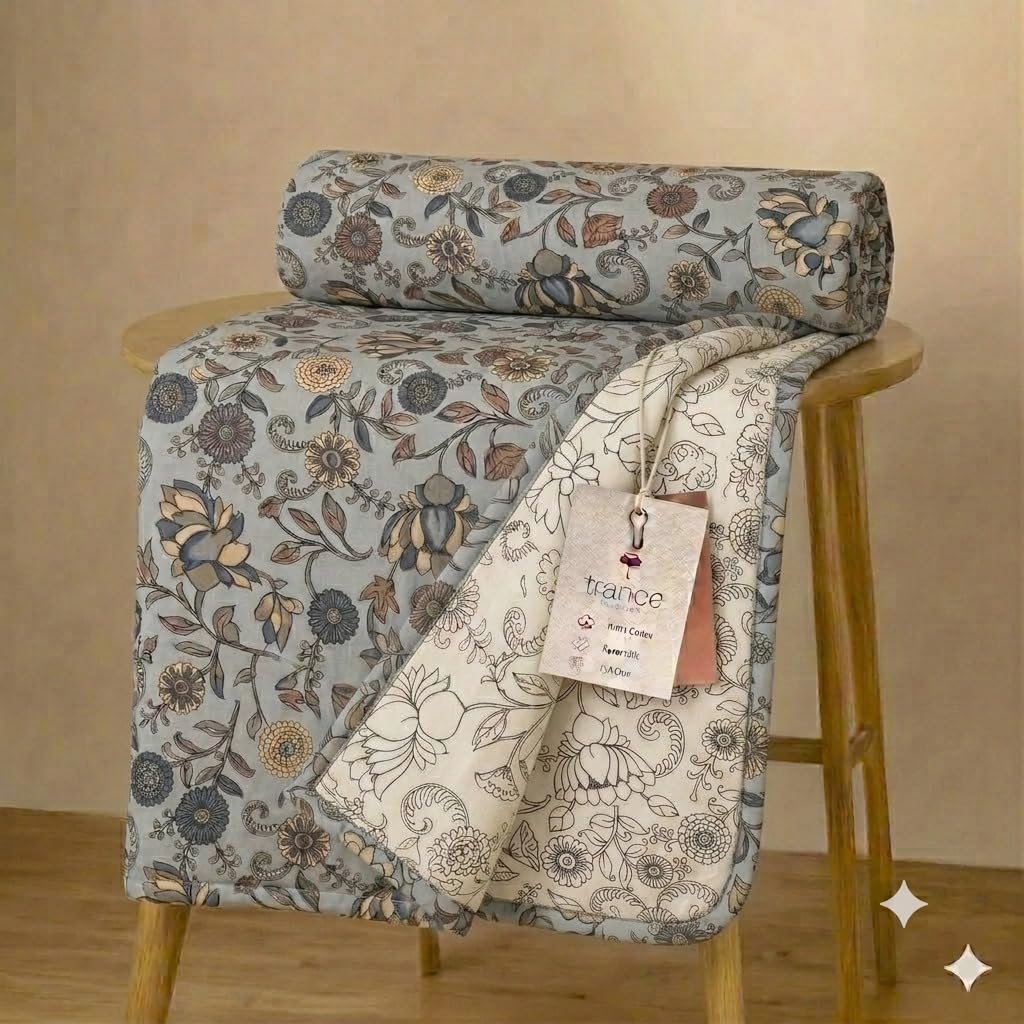 Trance Home Linen Premium 100% Cotton Dohar for Double Bed | 150 GSM | Reversible Ac Comforter | Light Weight All Season Soft Blanket (84x88 Inches | Kalamkari Blue) Kafalo