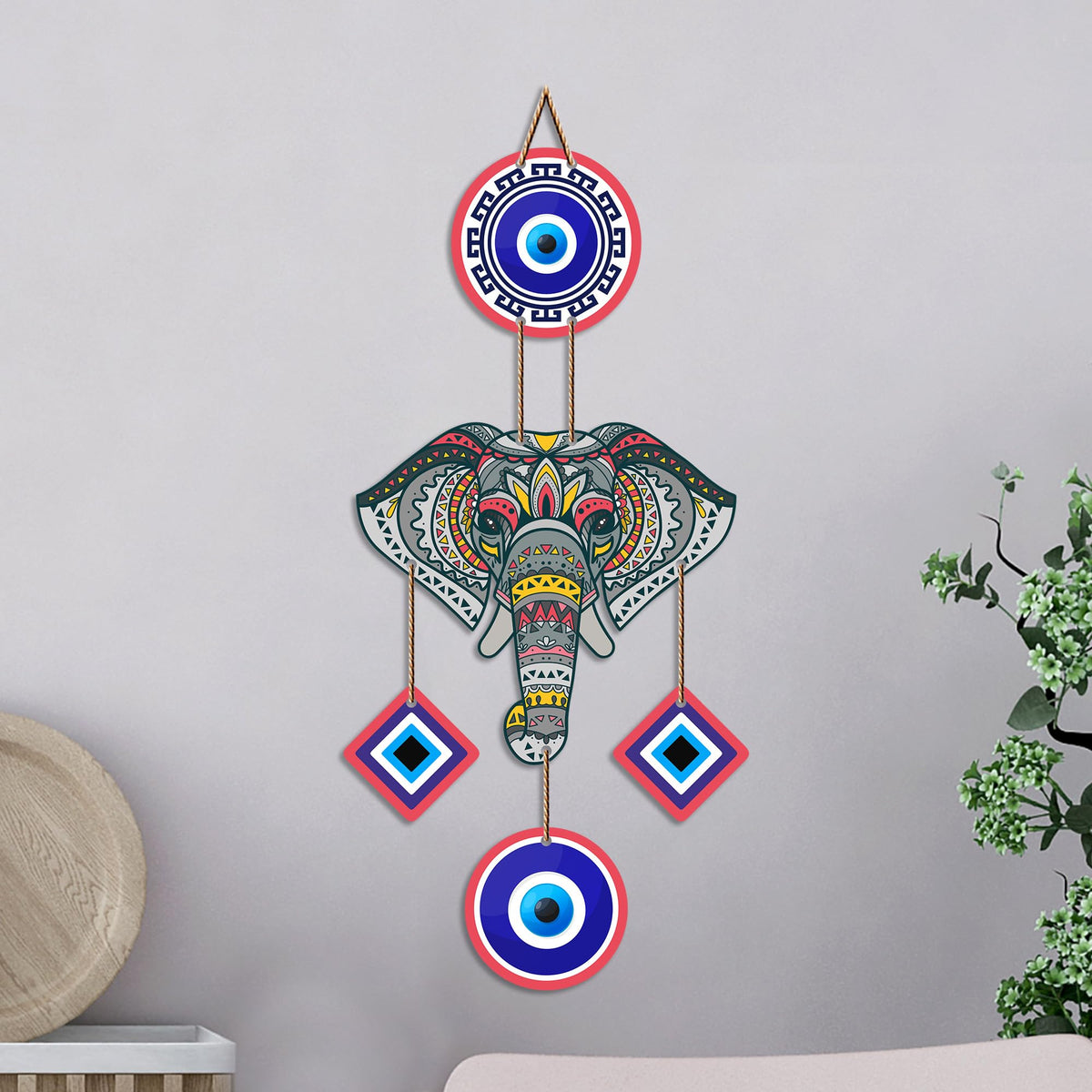 Artvibes Mandala Elephant Evil Eye Wall Hanging for Home Entrance | Nazar Battu MDF Wall Decor | Vastu Inspired Decorative Art for Living Room | Office & Main Door | Housewarming Gift (WH_8551N)