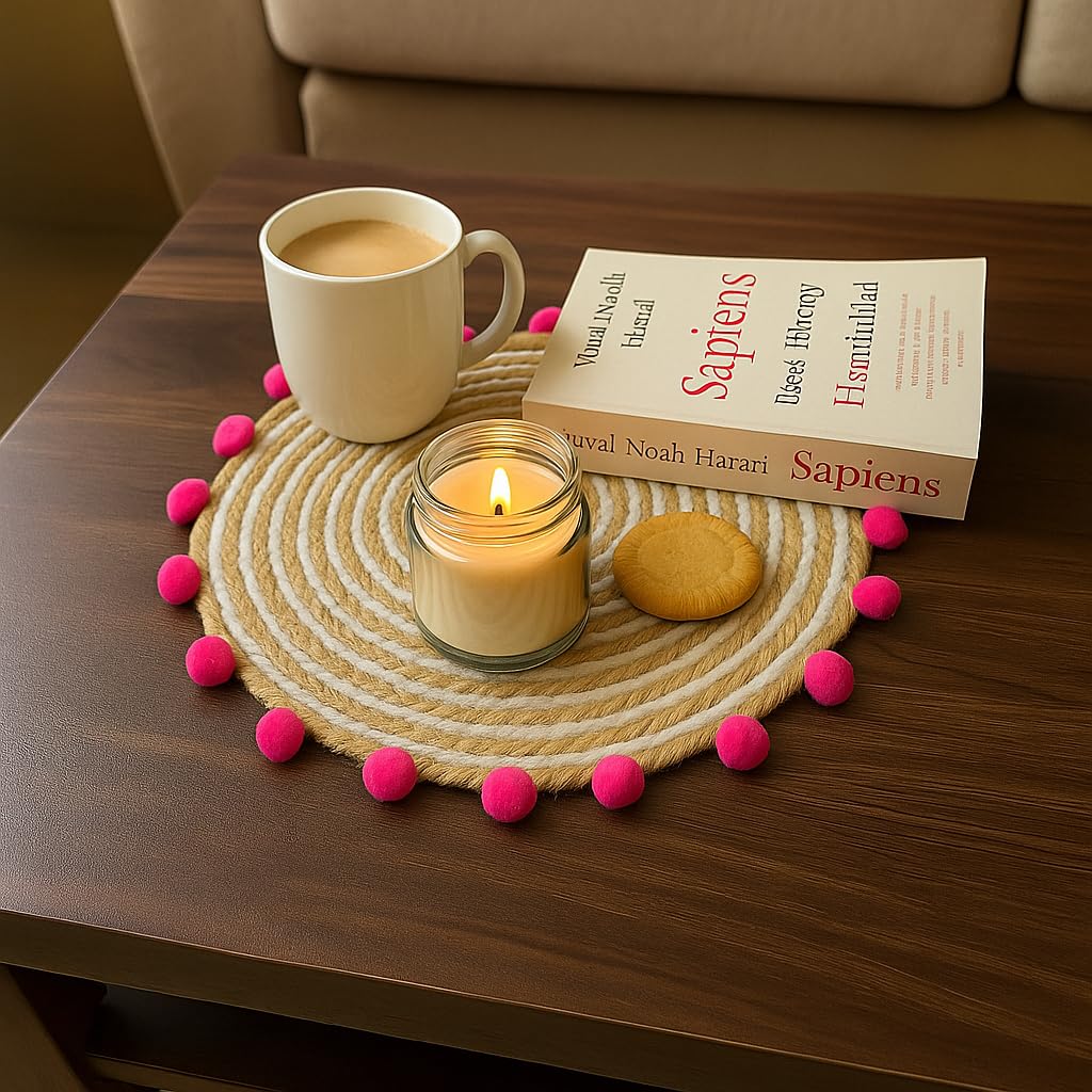 Recho Decorative Jute Placemat, Pink, Round, 14 inch Kafalo
