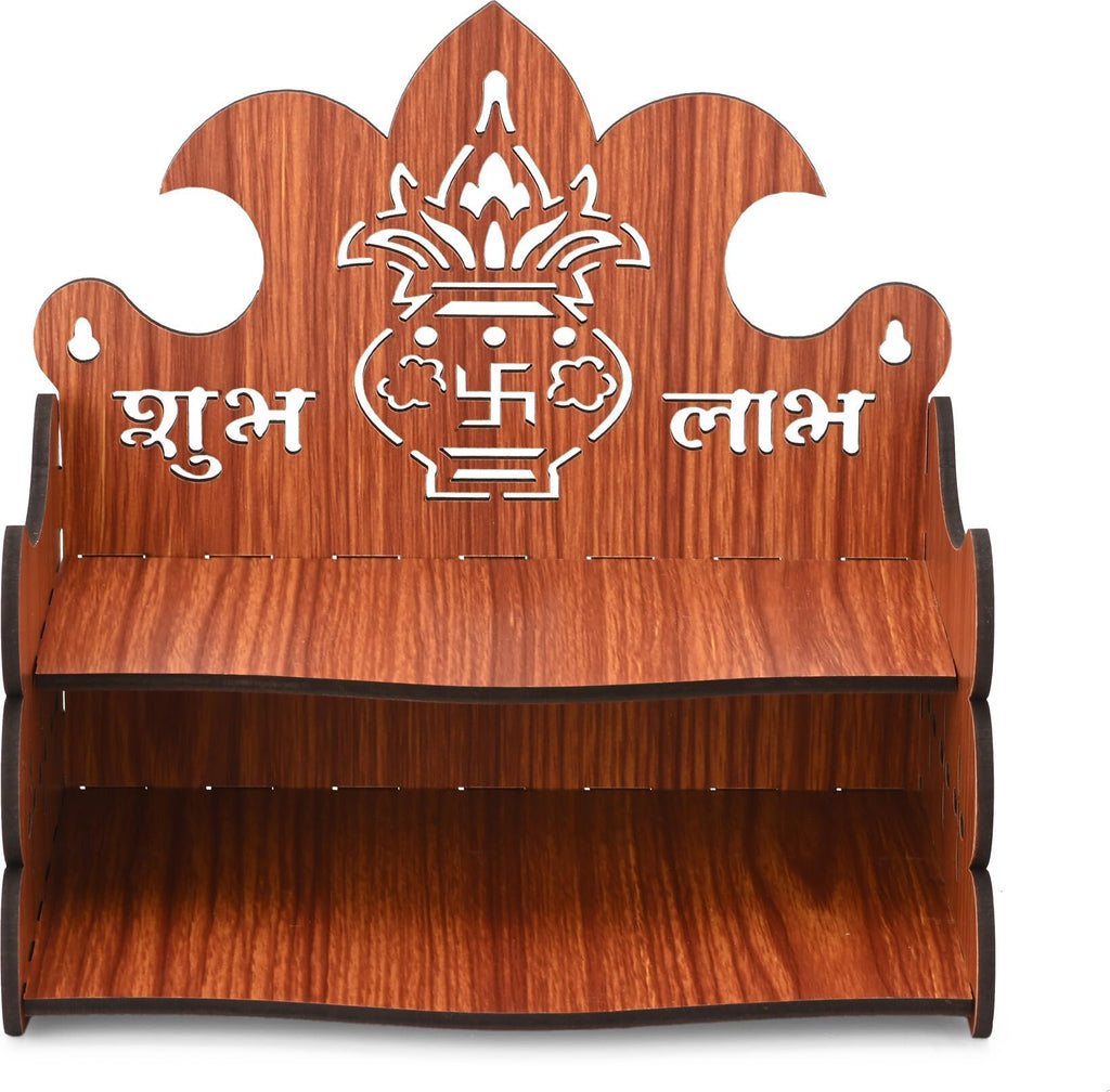GOJEEVA KRAFT Engineered Wood Hand Crafted Carved Pattern Home Temple for Idols Temple for Home and Office I SUBH LABH Kalash | Set Top Box Stand I Wooden Mandir (Pack of 1) (Medium)