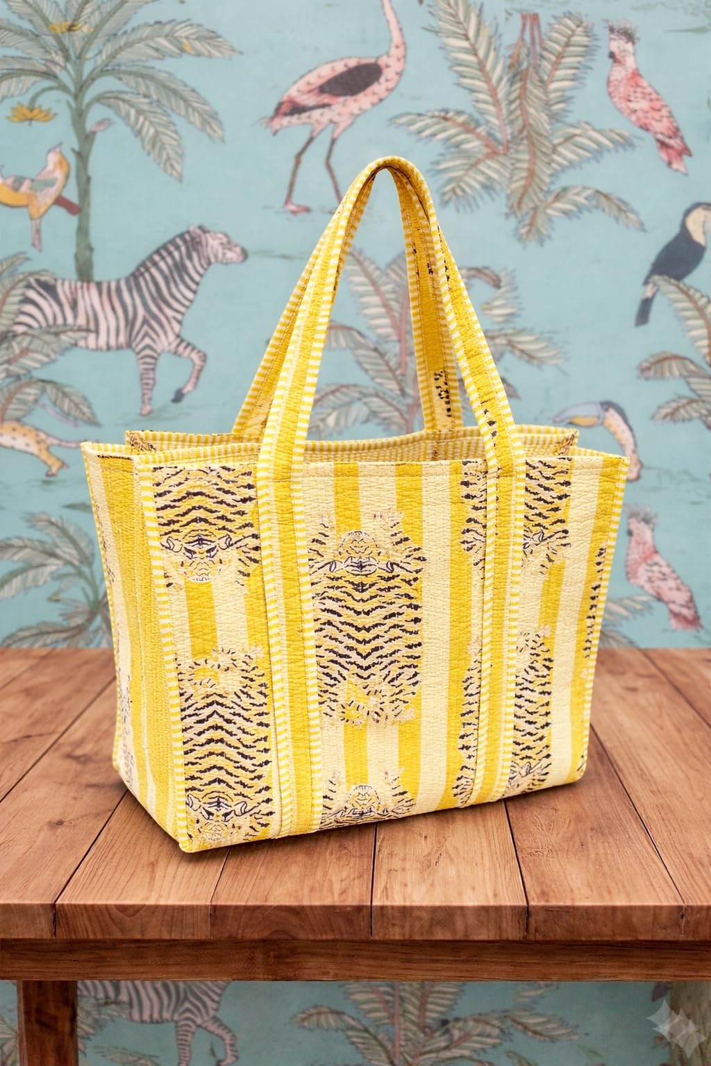 Rastogi Handicrafts Quilted Cotton Women Beautiful Printed Grocery Shopping Bag, Shoulder Bag, Tote Bag, Travel Bags, Light Yellow, 18X6X15 Inch