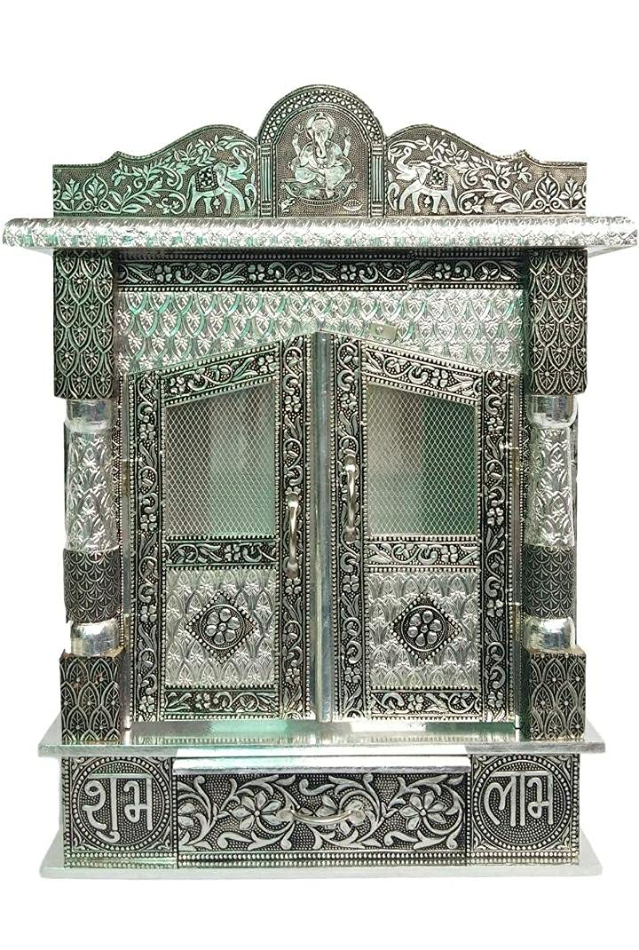 Pooja Temple for Home Wooden Mandir with Copper Aluminium | Mantapa for Pooja Room and Office Decorative Wooden Temple Size (7x15 Inches)