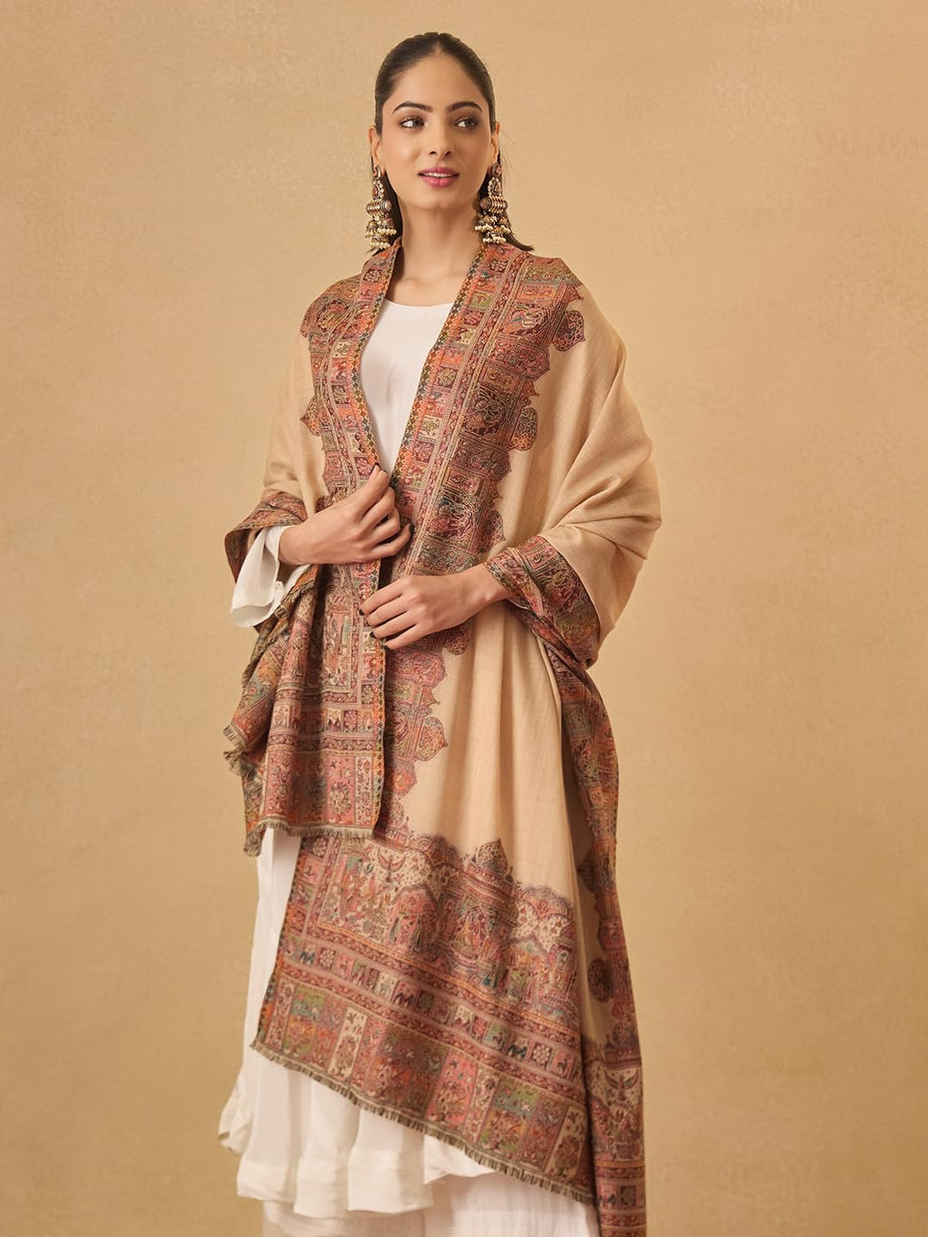 Pashmoda Women Arcadia Borders Kashmiri Jamawar Woven Design Shawl (Size: 40x80in, 101x203cm) SECS55