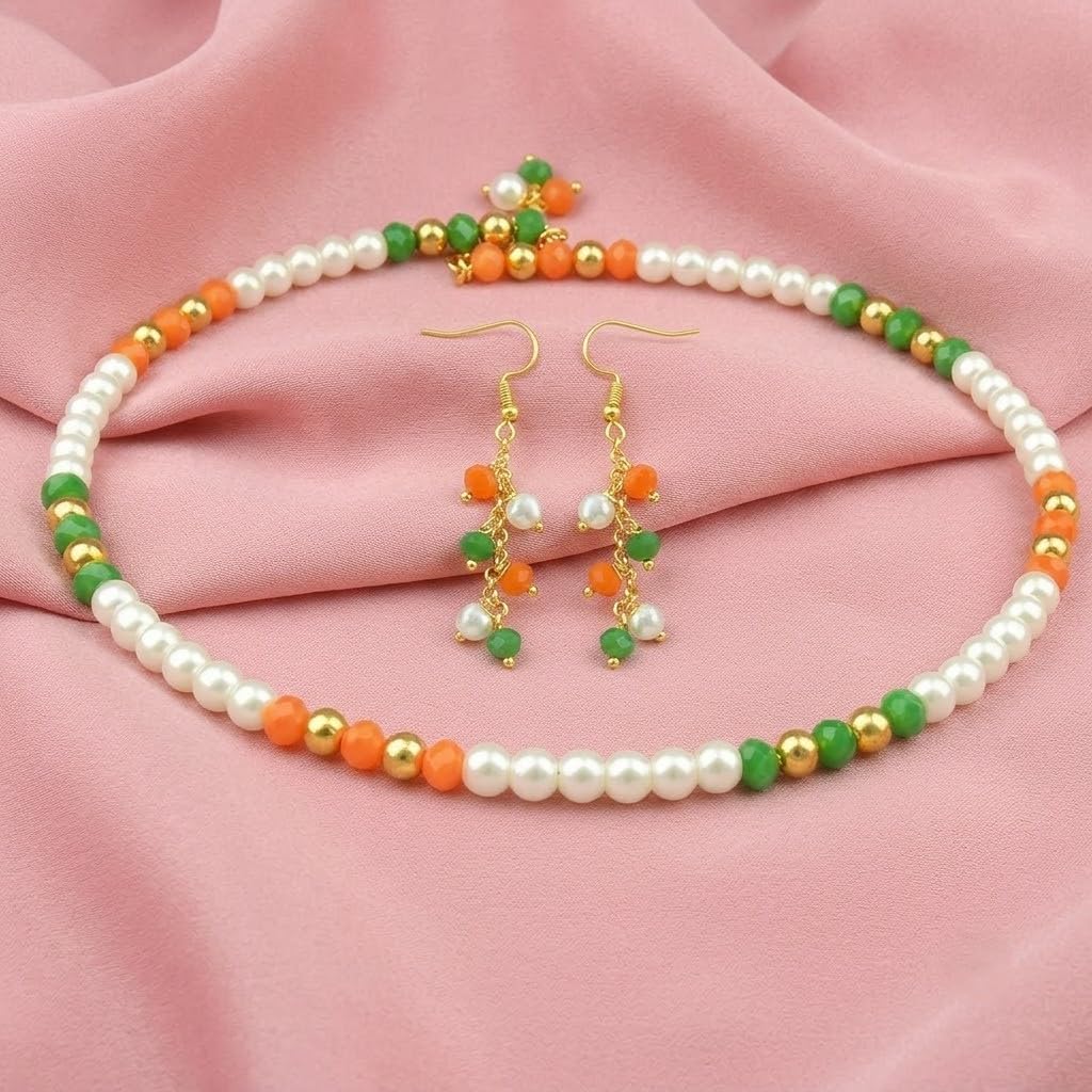 JFL - Jewellery for Less Fancy Tricolour Handmade Pearls and Beaded Necklace Set for Women & Girls | Independence Day & Republic Day Jewellery | Fashion Necklace with Matching Earrings