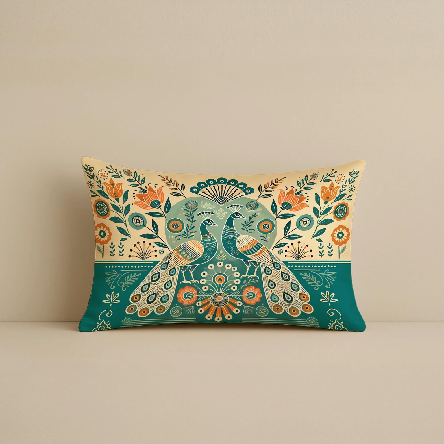 STITCHNEST Ethnic Satin Cushion Covers Twin Peacock with Floral Pattern, 12x18 Inch, Pack of 2 for Traditional Home Decor, Sofa Styling & Gifting