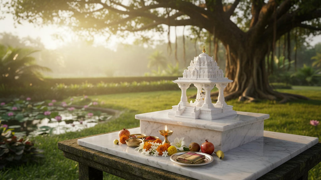White Marble Finish Temple, Home Puja Mandir with Deity Figurine, Table Top Pooja Stand, Pack of 1