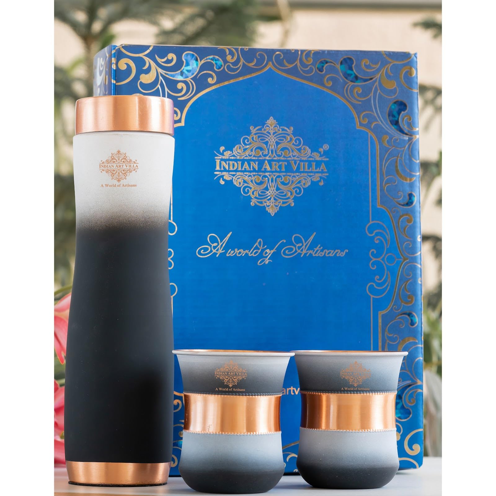 INDIAN ART VILLA Copper Bottle & Glass Gift Set - 950 ml Water Bottle & 2 Glasses (300 ml Each) - Pure Copper with Black & White Ombre Silk Finish, Perfect for Gifting & Everyday Use