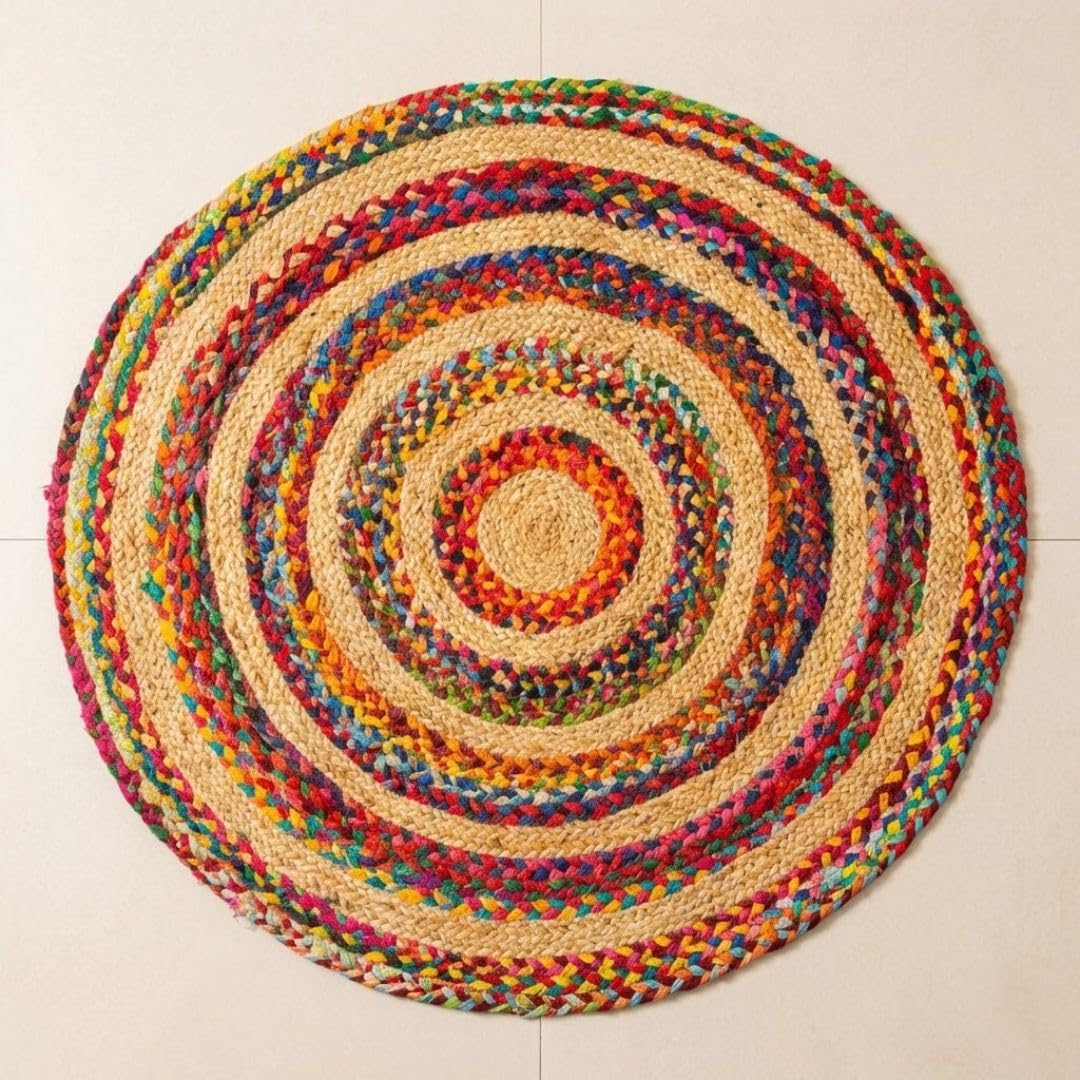 ATRANGI STUDIO Round Jute Rug | Handwoven Braided Design Mat | Circular Floor Rug for Living Room, Bedroom, Reading Corner | Boho Home Decor | 3x3 feet, Colourful