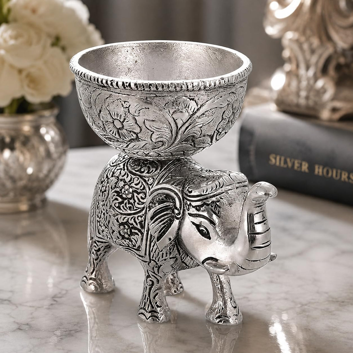 KridayKraft Metal Elephant Dry Fruit Bowl Showpiece Silver Polish for Your Home, Office Table Decorative, Elephant Showpiece Bowl for Gift, Animal Figurines